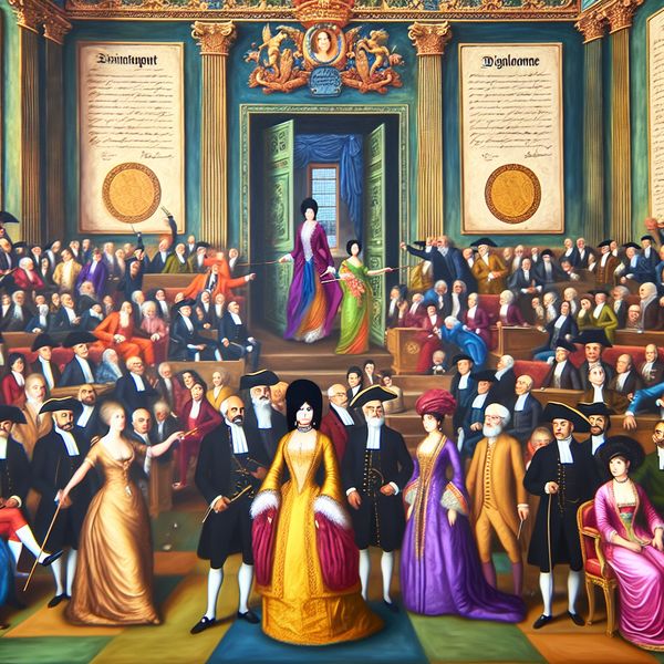 Formele bijeenkomst in historische kleding met diploma's als achtergrond Een formele bijeenkomst in een grote, versierde kamer met mensen in historische kleding, met een man die een hoge positie vertegenwoordigt en diploma's aan de muren.