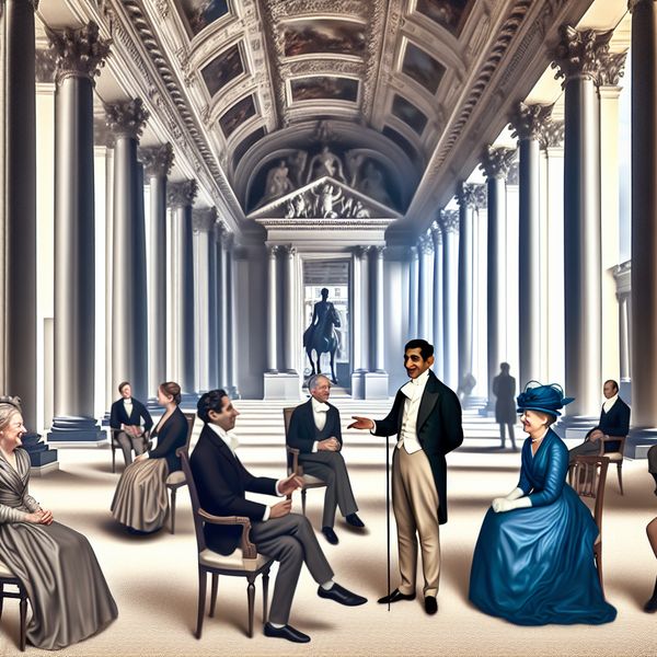 Formele bijeenkomst in elegante zaal met respectvolle communicatie Een goed geklede man in een formele setting, betrokken in een serieus gesprek met respectvolle gasten.