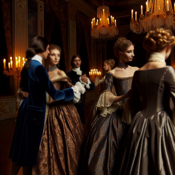 Formele dansavond in historische balzaal met luxe kleding en chique sfeer Elegant geklede paren dansen in een weelderige balzaal met luxe stoffen, kaarslicht en chique decoraties