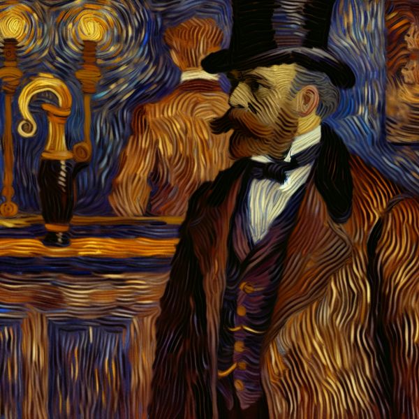 Gentleman in formeel pak met hoge hoed in stijl van Van Gogh, illustratie van het woord 'heer' in beleefde context