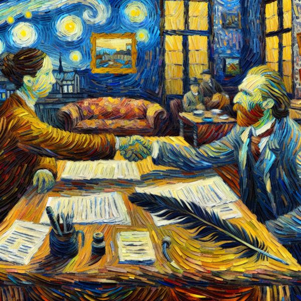 Formele overeenkomst in Van Gogh-stijl: handdruk na onderhandeling Twee partijen schudden handen aan een tafel met documenten en een ganzenveer, symboliserend een formele overeenkomst in Van Gogh-stijl