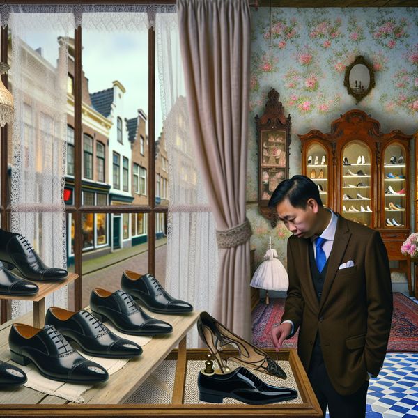 Formele Schoenen in een Vintage Winkel Een man in een smart suit onderzoekt zorgvuldig een paar gepolijste zwarte formele schoenen in een vintage schoenenwinkel.