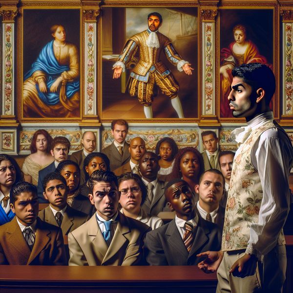 Formele uitdrukkingen in de klas: een oprechte verontschuldiging Een jonge man geeft een oprechte verontschuldiging in een Barok-achtige klasomgeving, terwijl diverse klasgenoten hem aandachtig aankijken.