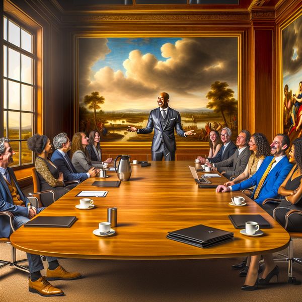 Formele Vergadering met Diverse Professionals en Positieve Resultaten Formele vergaderruimte met professionele diverse groep rond een houten tafel, een persoon toont een grafiek met positieve resultaten.