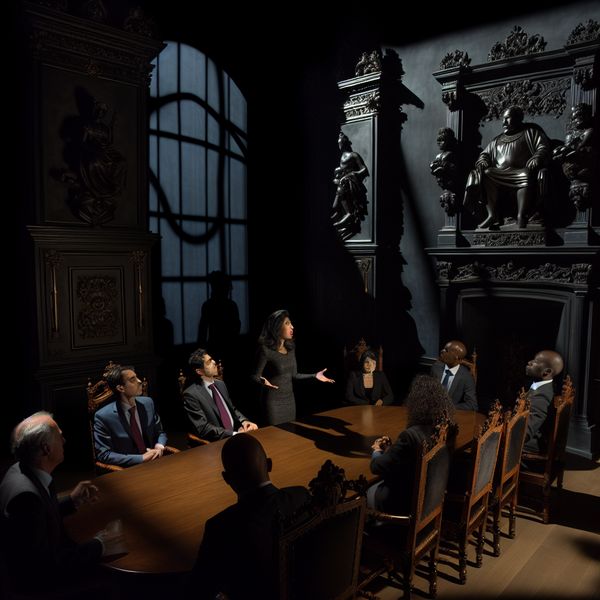 Een groep mensen in formele kleding in een gotische conferentiekamer, die intens discuseren aan een grote tafel.