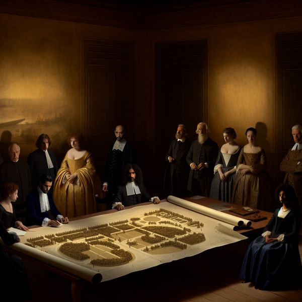 Formele vergadering over parkplannen Een groep elegant geklede mensen discussieert bezorgd over blauwdrukken voor een nieuw park in een somber verlichte kamer.