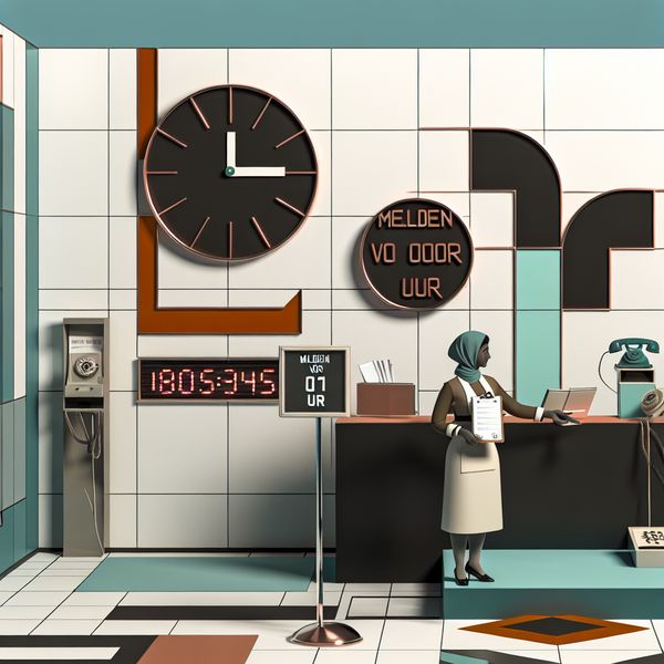 Formele verplichting illustratie: meldplicht voor 9 uur in retro kantooromgeving Retro-futuristisch kantoor met receptiebalie waar een bord 'MELDEN VOOR 9 UUR' staat aangewezen door een receptionist, illustratie van formele verplichting