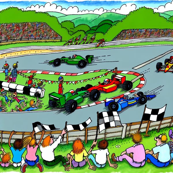 Spannende Formule 1 Race Cartoon Illustratie Vibrante cartoonillustratie van een spannende Formule 1 race op een racetrack met kleurrijke raceauto's, juichende toeschouwers en dynamische details.