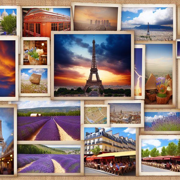 Fotocollage van Franse herinneringen - Iconische locaties in Frankrijk Een Instagram-geïnspireerde fotocollage van herinneringen aan een vakantie in Frankrijk met iconische bezienswaardigheden