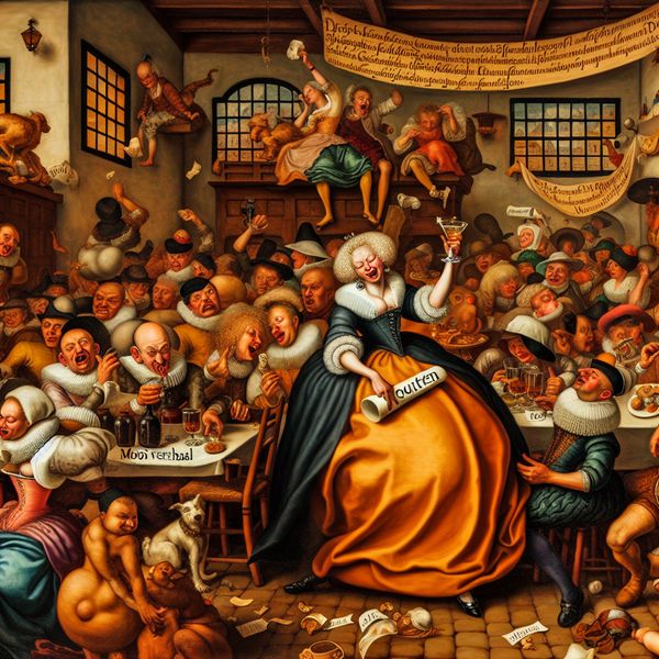 17e-eeuwse Nederlandse taverne-scène met een vrouw die een verhaal vertelt om haar fouten te rechtvaardigen, omringd door een sceptisch publiek