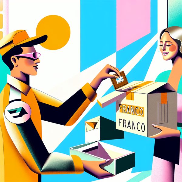 Illustratie van een franco verzending waarbij een bezorger een pakket overhandigt aan een ontvanger met een lege portemonnee omhoog, symboliserend dat er geen verzendkosten zijn
