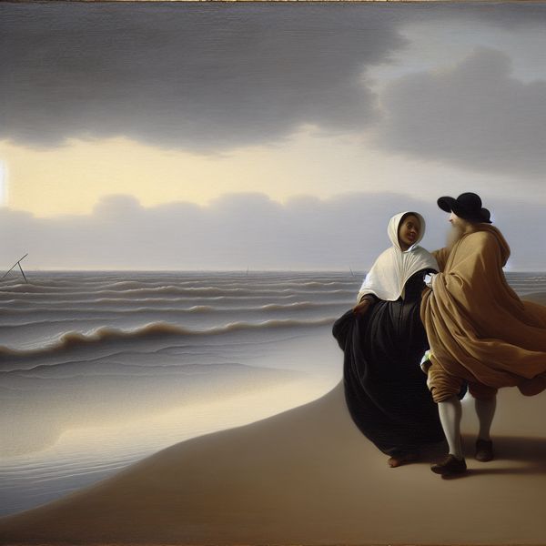 Twee mensen wandelen rustig langs een winderig strand bij zonsondergang, genietend van de frisse buitenlucht in een serene sfeer