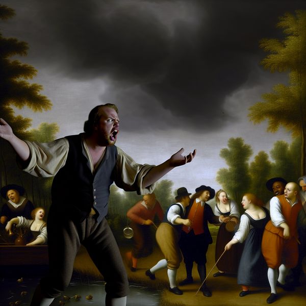 Frustratie en Vreugde: Klagen in de Kunst Een gefrustreerde man onder een donkere, regenachtige lucht die gefrustreerd naar een groep blije mensen wijst die zich voorbereiden op een feestje, met een contrast tussen zijn ongelukkige gezichtsuitdrukking en hun vreugde.