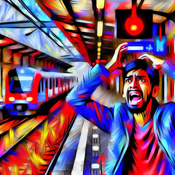 Frustratie en ergernis uitdrukken: gemiste trein in expressieve kunststijl Abstracte voorstelling van frustratie: persoon mist trein op kleurrijk perron in stijl van Karel Appel
