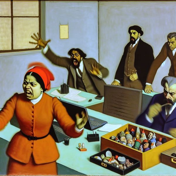 Frustratie bij geneuzel in een kleurrijk kantoor Frustrated group of professionals in colorful office arguing about irrelevant items on a cluttered table