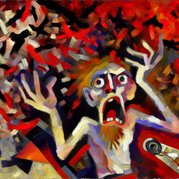 Frustratie in Abstracte Expressie: Kunst van Emotionele Chaos Abstracte afbeelding van een gefrustreerd persoon met uitgestoken handen, omringd door chaotische kleuren en vormen.