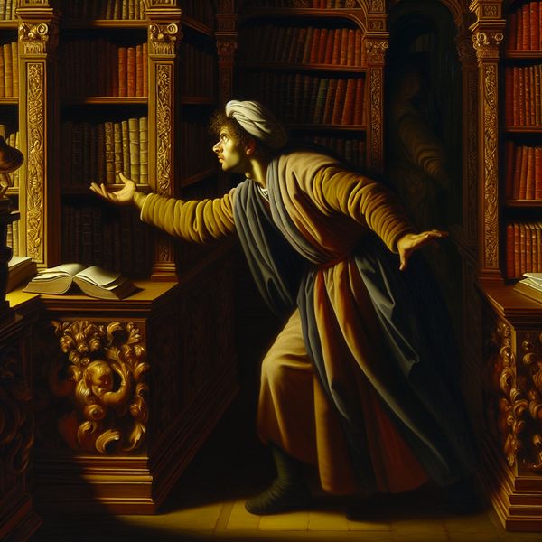 Een jonge man in een barokke bibliotheek zoekt gefrustreerd naar een boek tussen de overvolle boekenplanken.