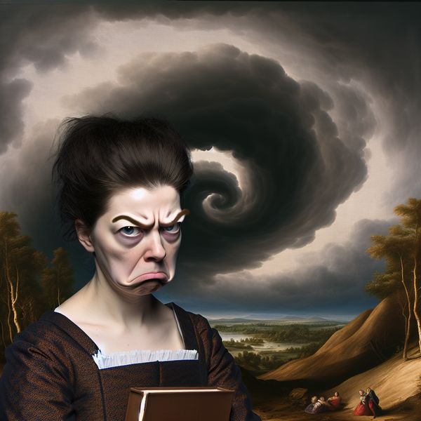 Vrouw op een ruige heuvel met een boek in haar hand, gefrustreerd kijkend naar een turbulente lucht met donkere wolken op de achtergrond