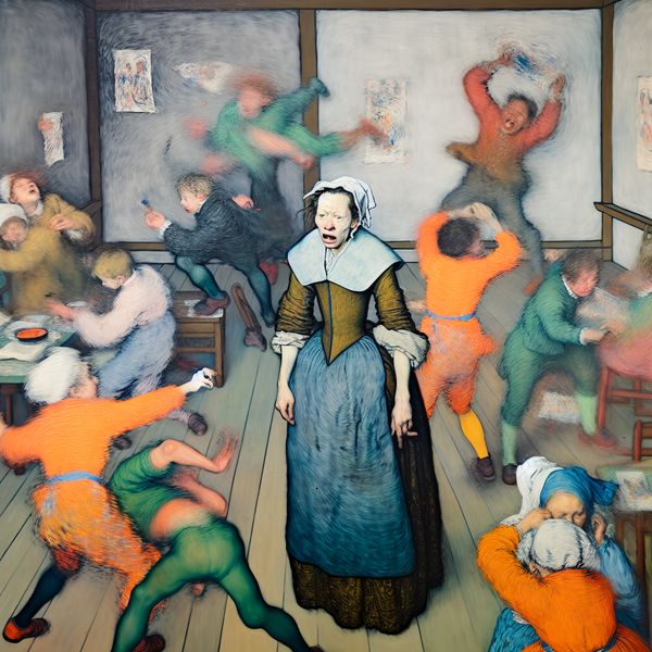 Frustratie van een Leraar in een Chaotische Klas Abstracte uitbeelding van een gefrustreerde leraar in een chaotische klaslokaal, omringd door kinderen die aan de muren tekenen.