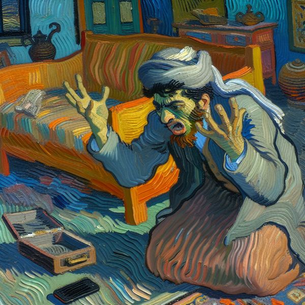 Frustratie uitdrukken in het Nederlands: emotionele reactie op ergernis in Van Gogh-stijl Frustrerende man schreeuwt 'Verdomme!' na het laten vallen van zijn gebarsten smartphone in een expressief Van Gogh-achtig schilderij met warme kleuren en dynamische penseelstreken
