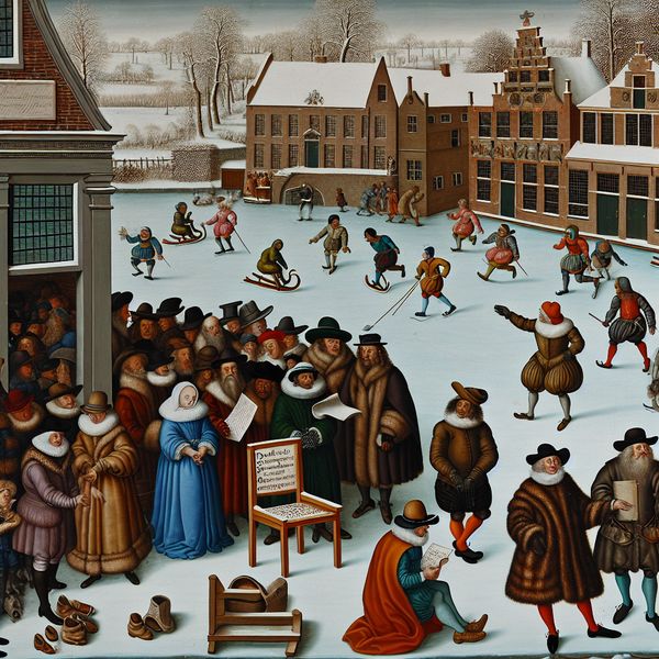 Historische voorstelling functiebezetting: directeursrol in 17e-eeuws Nederlands dorp 17e-eeuws Nederlands wintertafereel met dorpsbewoners die wachten op de bezetting van een directeursfunctie, lege stoel met opschrift 'Directeur'