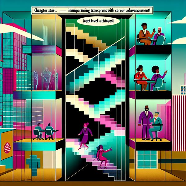 Futuristisch kantoor en carrière niveaus Een futuristisch kantoor met een doorzichtige trap en verschillende verdiepingen die carrièreontwikkeling symboliseren.