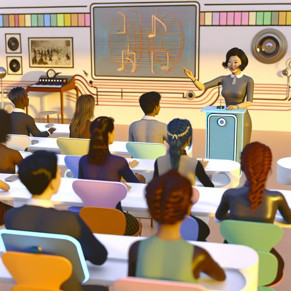 Futuristisch klassikaal landschap met focus op stem en gehoor Een futuristische klaslokaalscène met een vriendelijke leraar en diverse studenten aan retro-futuristische bureaus.
