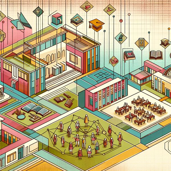 Futuristisch Onderwijs Systeem in Nederland Illustratie van een futuristische schoolomgeving in Nederland met studenten die leren en interageren in een educatief systeem.