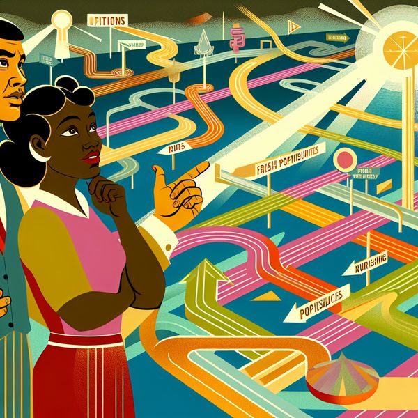 Twee individuen in een futuristisch park, die opties afwegen bij verschillende paden met een symbolische uitstraling.