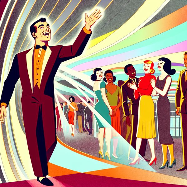 Een hartelijke begroeting in een retro-futuristische wereld Jonge man Mark begroet groep in futuristisch retro-interieur