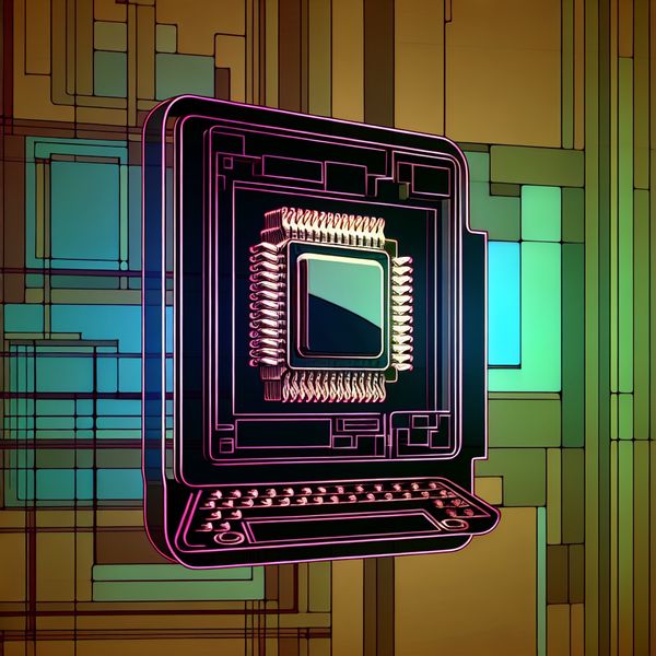 Futuristische desktopcomputer met microchip Futuristische desktopcomputer met een glanzende en gedetailleerde microchip, omgeven door geometrische vormen en neonkleuren.