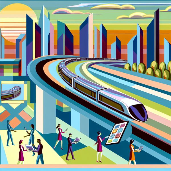 Futuristische stadsontwikkeling met technologie en transport Een moderne, retro-futuristische stad met een geavanceerd openbaar vervoerssysteem en diverse mensen die technologie gebruiken.