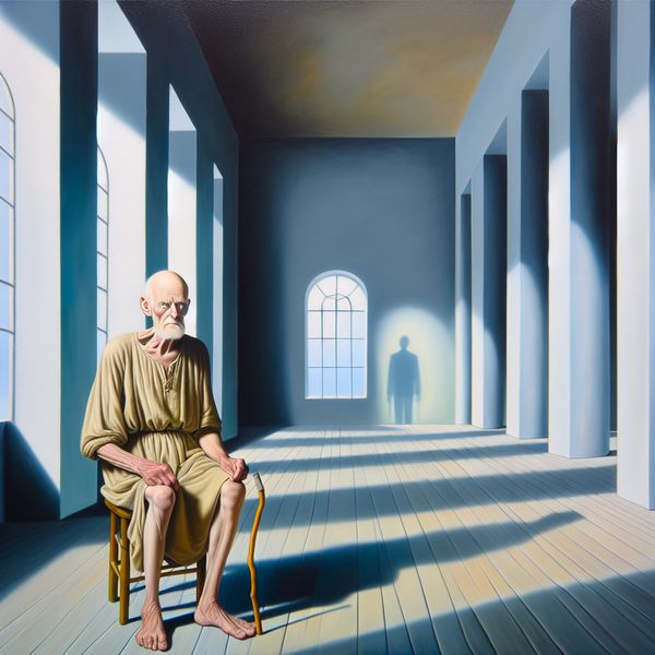 Hyperrealistisch schilderij van een kwetsbare oudere man met stok in een minimalistische ruimte, symboliserend fysieke conditie en herstel na een operatie