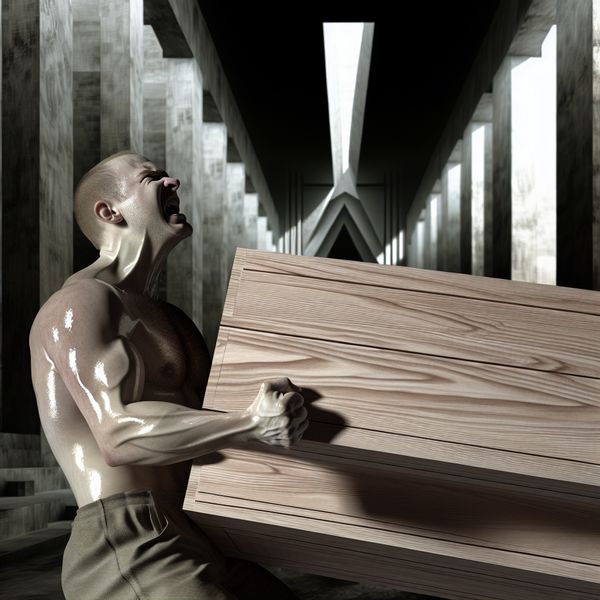 Fysieke kracht en inspanning: man tilt zwaar krat op in surrealistische stijl Hyperrealistische surrealistische afbeelding van een gespierde man die met intense inspanning een zwaar houten krat optilt, met uitpuilende aderen en zweetdruppels op de huid