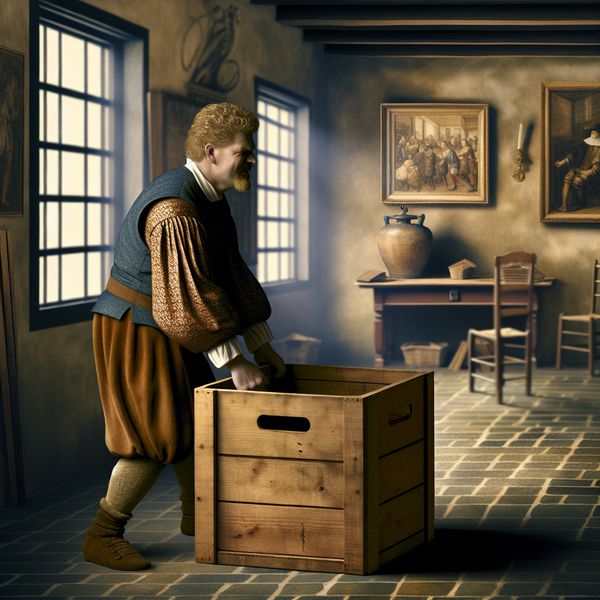 Fysieke kracht en inspanning in historische setting met Vermeer-stijl Gespierde man in 17e-eeuwse Nederlandse kleding tilt zware houten krat met boeken op, met intense inspanning en gedetailleerde texturen