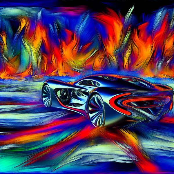 Gaaf betekenis: abstracte weergave van jeugdtaal en coolheid Abstract expressionistisch schilderij van een coole, moderne auto met felle kleuren en dynamische penseelstreken, symbool voor 'gaaf' in jongerentaal