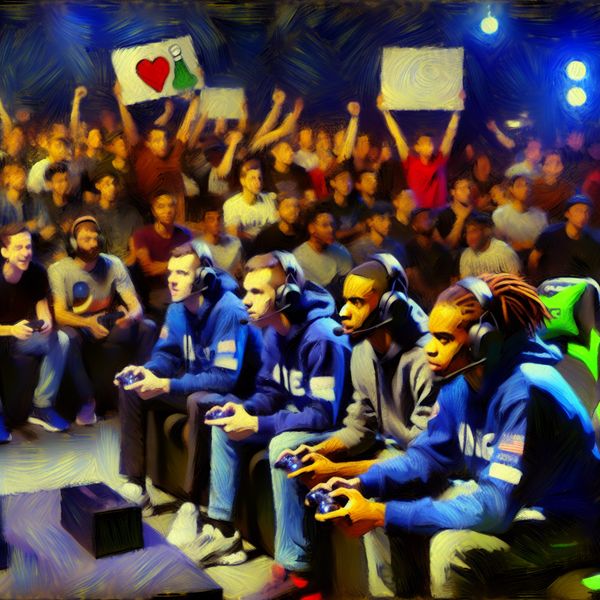 Vibrant gaming competitie met spelers op het podium en juichende menigte