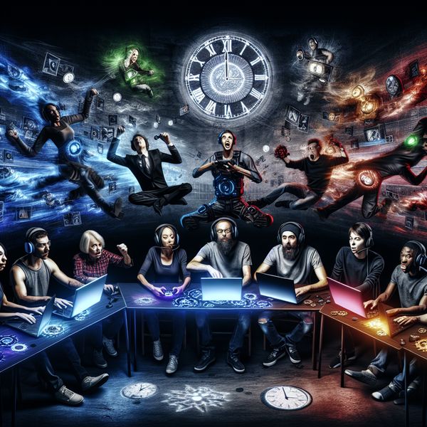 Een groep enthousiaste gamers rond een verlichte gamingtafel, betrokken bij een snel spel, met laptops en schermen die intense actie tonen.