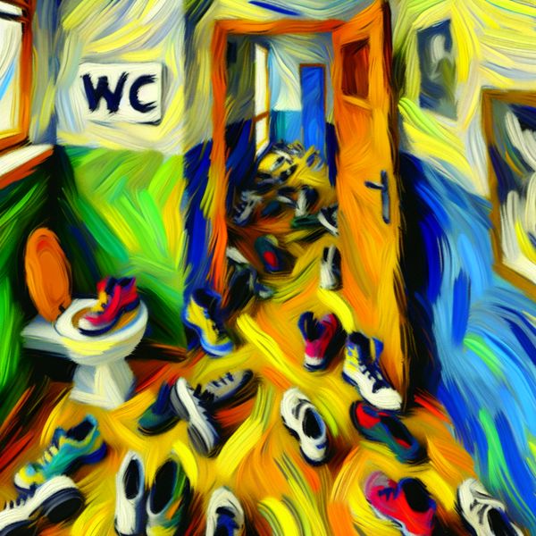 Abstract expressionist schilderij van een levendige gang met een open wc-deur aan het einde, vol kleuren en nervositeit.