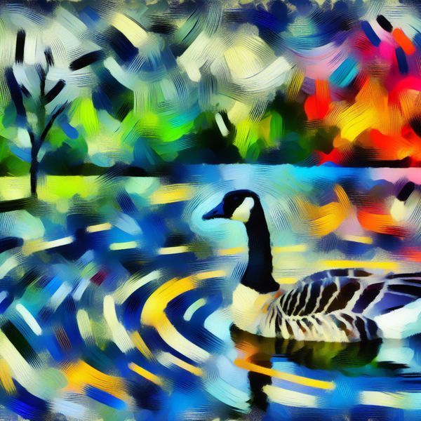 Graceful Goose Drifting on a Serene Lake Een gans die rustig op een serene vijver zweeft, omgeven door levendige abstracte penseelstreken.