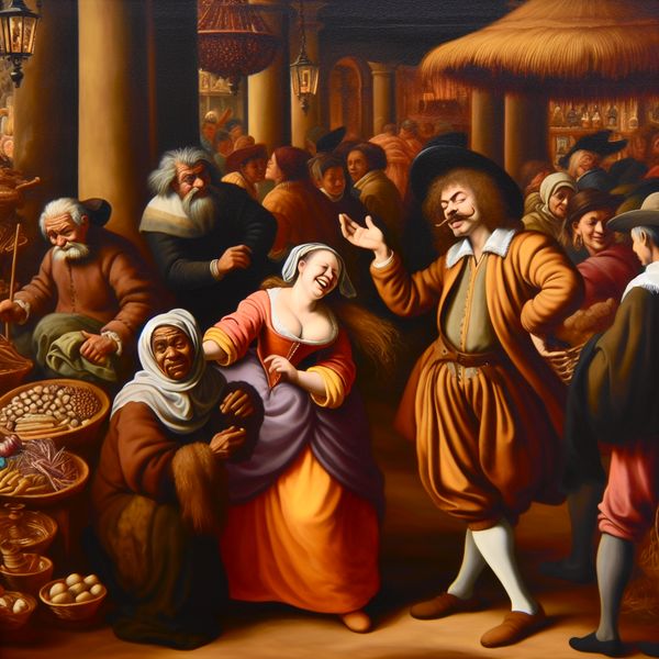 Een man die een vrouw geruststelt in een drukke markt met een kleurrijke kraam en een levendige sfeer.