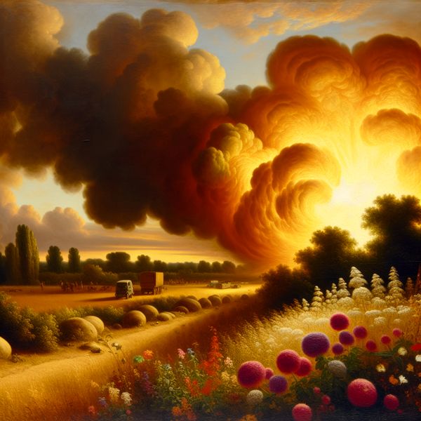 Explosie van gasfles in dramatisch platteland Explosie van een gasfles op het platteland met een grote rookwolk en vlammen.