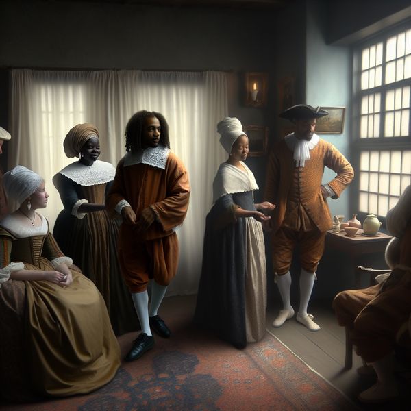 17e-eeuwse Nederlandse gasten arriveren in een sfeervol verlicht huis, geschilderd in de stijl van Johannes Vermeer
