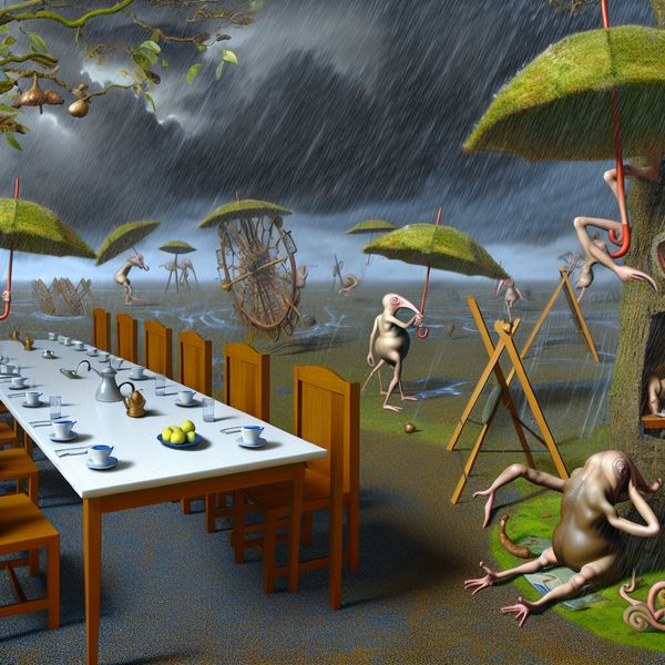 Geannuleerde Buitengebied vergadering Wegens Stormweer - Surrealistische Afbeelding Een geannuleerde vergadering buiten vanwege stormachtig weer met antropomorfe wezens