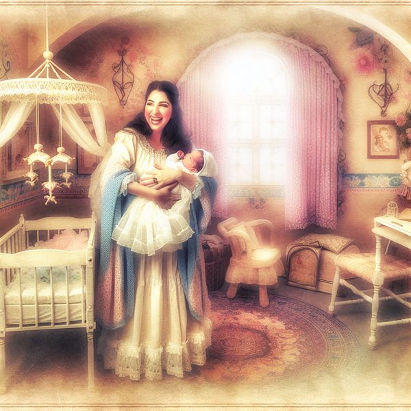 Een blije moeder houdt haar pasgeboren dochter in een gezellige, vintage-kinderkamer met pastelkleuren.