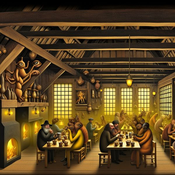 Surrealistisch schilderij in de stijl van Jheronimus Bosch van een warm, uitnodigend Nederlands café met houten balken, gloeiend eten en tevreden gasten, die geborgenheid uitstraalt