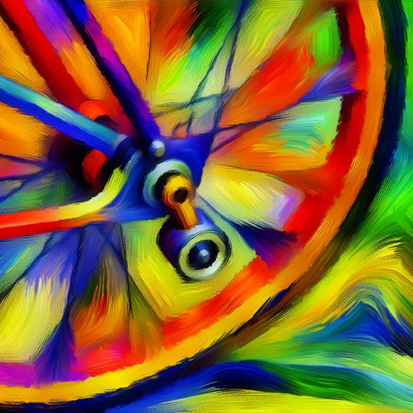 Vibrante illustratie van een gebroken fietsas Abstracte en kleurrijke illustratie van een fiets met een gebroken as, waarbij de details van de as zichtbaar zijn.