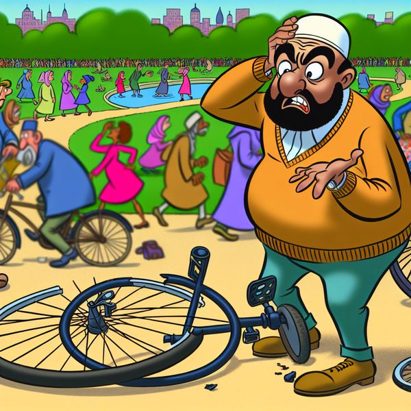 Gebroken fietsrad en gefrustreerde fietser in een park Een cartoon afbeelding van een gefrustreerde fietser die naar een groot gebroken fietsrad kijkt in een levendig park.