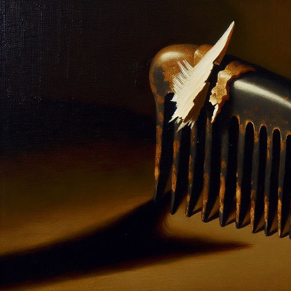 Gebroken kam met scherp tanduitsteeksel - hyperrealistisch gereedschapsschilderij Hyperrealistisch schilderij van een gebroken kam met een scherp uitsteeksel, geïnspireerd op Rembrandt's chiaroscuro-stijl