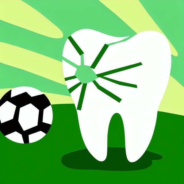 Gebroken tand illustratie voor taalonderwijs en tandheelkunde Minimalistische illustratie van een grote gebroken witte tand met een scheur, liggend op felgroen gras naast een voetbal